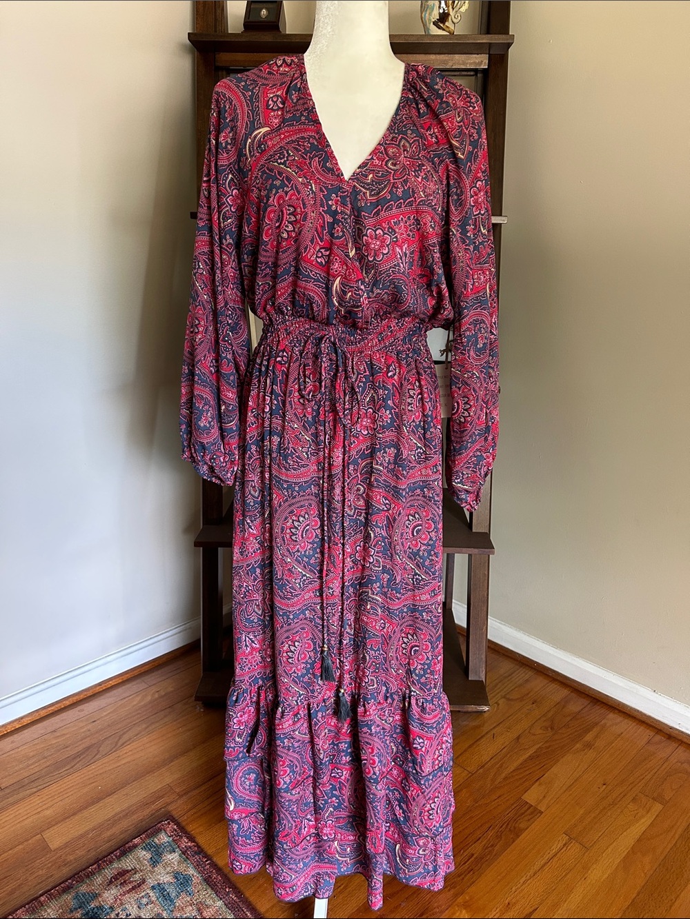 V-Neck Paisley Maxi Dress in Pink and Navy